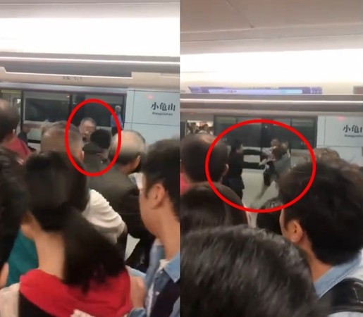 ▲老人於武漢地鐵2號線上打女生，反被路人拉下車狂打。（圖／翻攝自秒拍，下同）