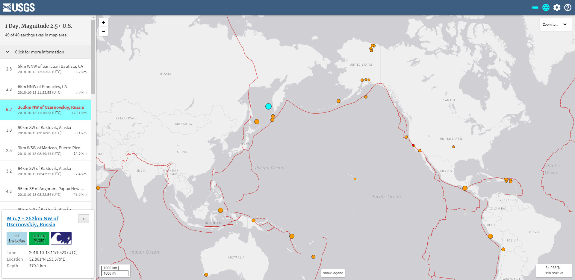 ▲▼環太平洋狂震！千島群島6.7地震突搖晃　尚未海嘯警報。（圖／USGS）