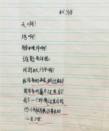 ▲▼一名南京小五生寫的詩，透露出對秋遊的期盼。（圖／翻攝自微博@我們1班王悅微）
