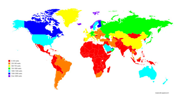 ▲▼世界人均用電地圖排名。（圖／翻攝自 reddit user　IKissWhiteMensAsses）