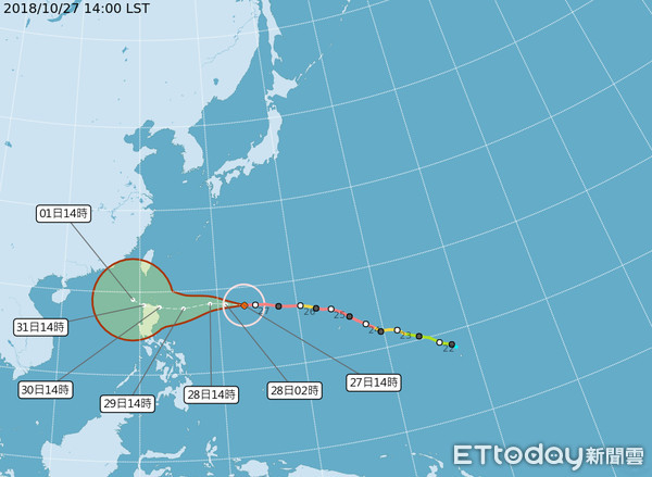 ▲最新颱風路徑（1400）。（圖／中央氣象局）
