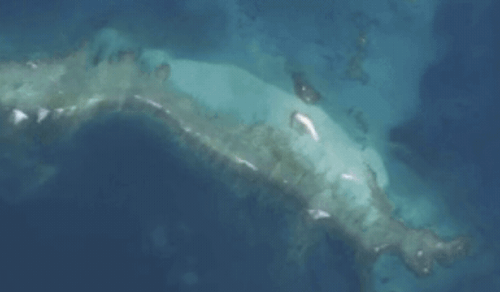 從衛星地圖上可見，東島在經過颶風侵襲後已被海水淹沒。（twitter：Nathan Eagle ）