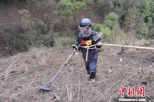 ▲▼中越邊境廣西憑祥市法卡山地區的深排雷場通道旁，擺放著掃雷隊在該雷場搜排出的數十枚地雷。（圖／翻攝自中新網）