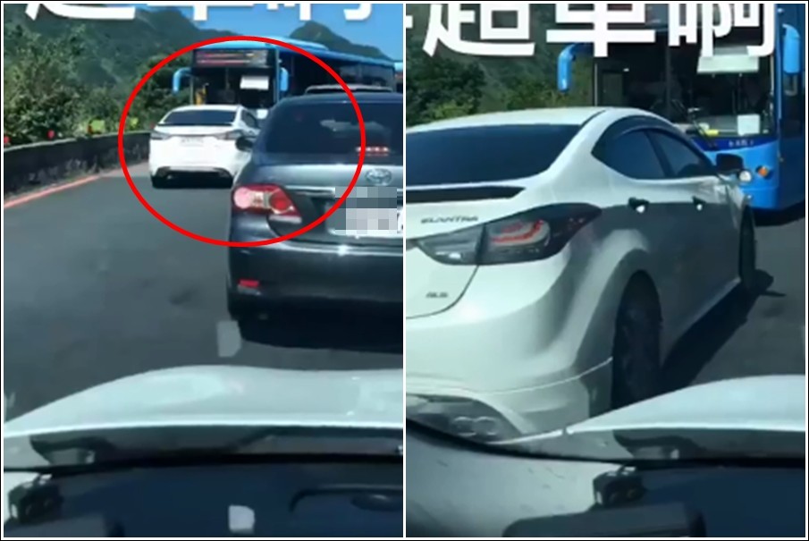 ▲一台白色Hyundai超車往對向道衝去，結果被公車逼退後行。（圖／翻攝自臉書）