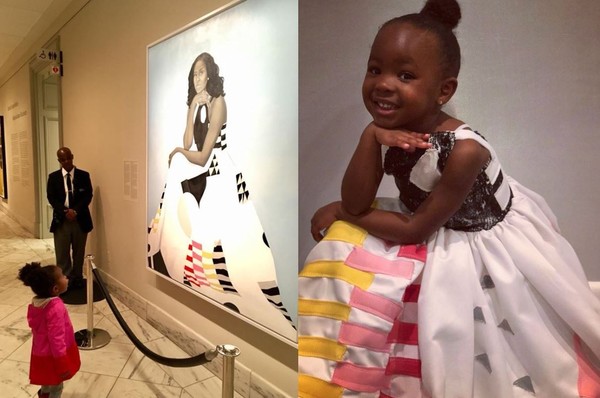 ▲▼美國3歲女童帕克（Parker Curry）打扮成她的偶像，穿上蜜雪兒歐巴馬在畫中出現的洋裝，笑翻許多網友。（圖／翻攝自臉書Ben Hines；推特Parker Curry）