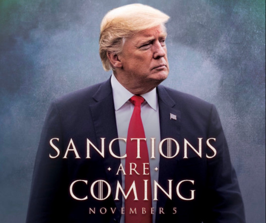 ▲▼ 美國總統川普在推特貼出一張激似熱門影集〉權力遊戲》的海報，上頭寫著「11月5日制裁即將來臨」。（圖／翻攝自推特／realDonaldTrump）