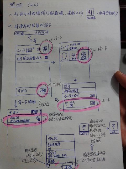 ▲▼ 爸媽出國旅遊不熟悉WiFi連線步驟，網友溫馨手繪說明書           。（圖／網友授權提供）