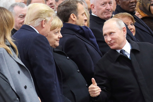 ▲俄羅斯總統普丁（Vladimir Putin）、德國總理梅克爾（Angela Merkel）、美國總統川普（Donald Trump）、法國總統馬克宏（Emmanuel Macron）等一行人參加第一次世界大戰終戰100周年紀念活動。（圖／路透社）