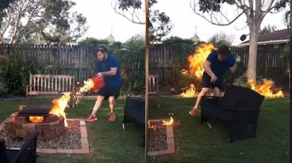 烤香腸對火種「倒汽油」　猛火燒到油桶差點燒毀他家！（圖／翻攝自YouTube／Caters Clips）