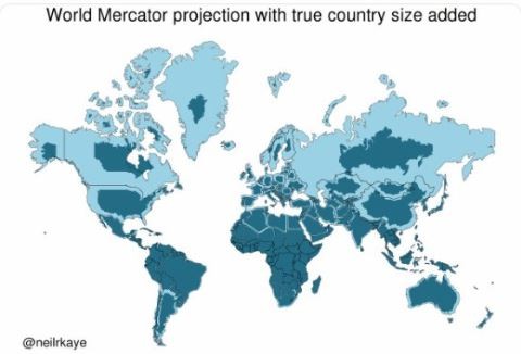 ▲▼淺色為世界地圖，深色則為實際大小。。（圖／翻攝自twitter／neilrkaye）