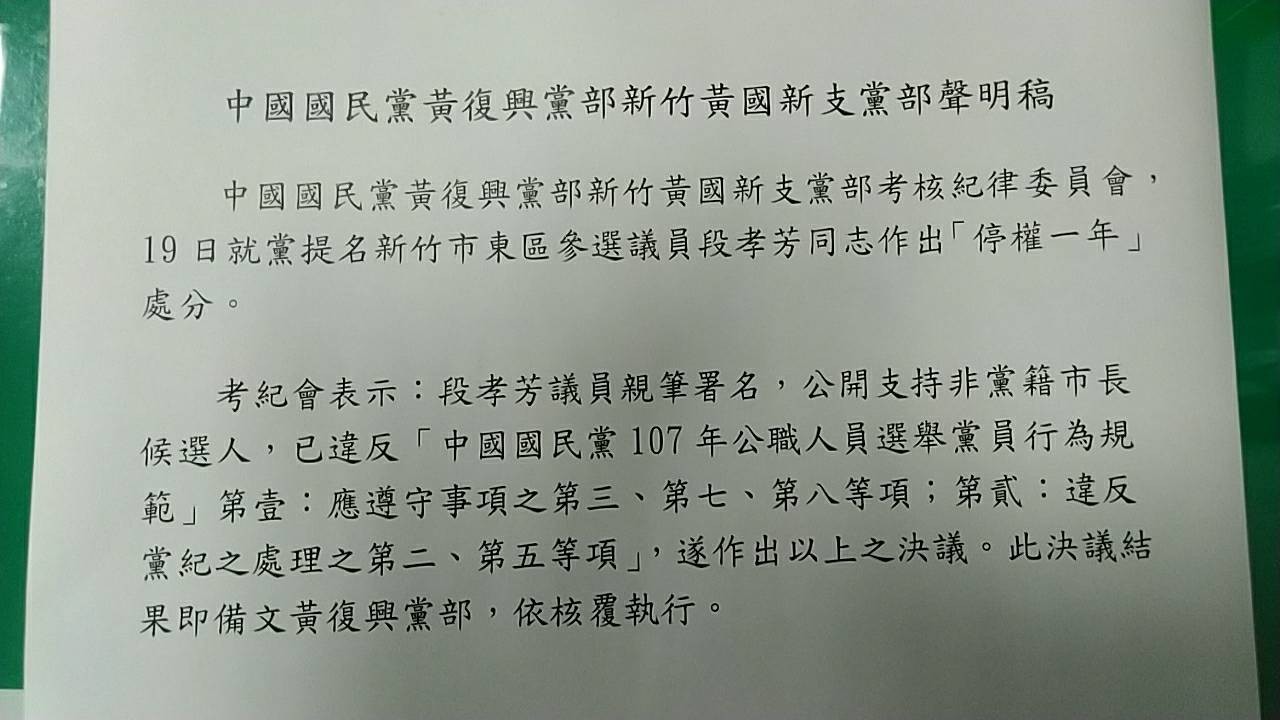 ▲▼針對段孝芳替謝文進站台做出處分。（圖／新竹黃國新支黨部提供）