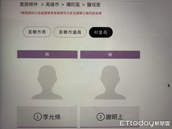 ▲中央選舉委員會查詢結果彌陀區鹽埕里有兩個里長候選人            。（圖／記者吳奕靖翻攝）