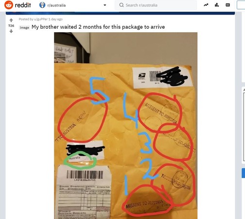 ▲▼一個預定寄到澳洲（Australia）的包裹，連續5次都誤寄到奧地利（Austria），2個月後才送到正確的地方。（圖／翻攝自Reddit）