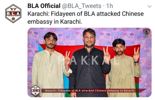 ▲▼ 中國駐巴基斯坦領事館遭到武裝攻擊，武裝集團「俾路支解放軍」（Balochistan Liberation Army，BLA）宣稱犯案。（圖／翻攝自推特／@BLA_Tweets） 