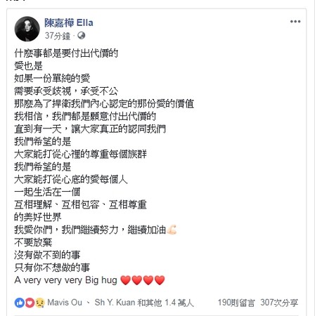 ▲挺同公投未能過關，蔡依林沮喪「我們仍是值得被愛的！」（圖／翻攝自臉書／丁寧、蔡依林、Ella、張惠妹、徐譽庭）