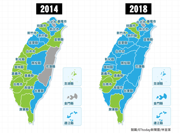 ▲2014與2018縣市長大選藍、綠與無黨籍分布圖。（製圖／林宜潔）