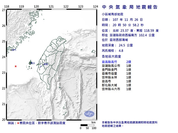 ▲台灣西部海域26日20時50分發生芮氏規模4.8地震。（圖／翻攝自中央氣象局官網）