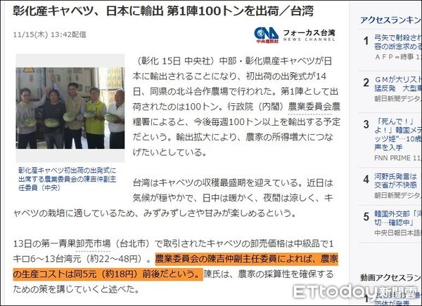 ▲日本客戶質疑，台灣高麗菜生產成本只有一公斤5元（約日幣18元）。（圖／翻攝自Yahoo新聞）