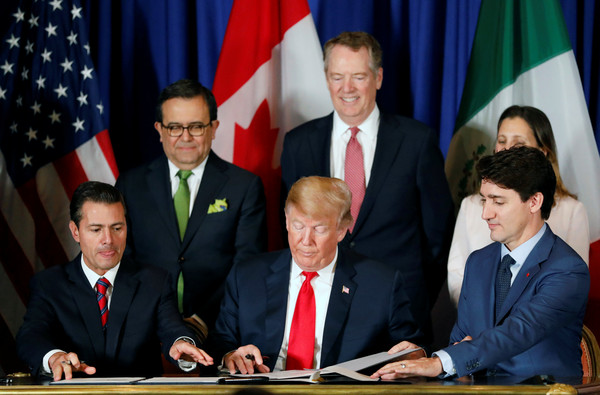 ▲▼美國總統川普,加拿大總理杜魯道,墨西哥總統潘納涅托簽署USMCA。（圖／路透）