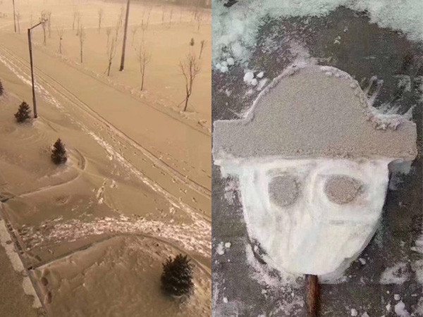 ▲沙塵暴嚴重，新疆多地1日降下「黃雪」。（圖／翻攝自微博）