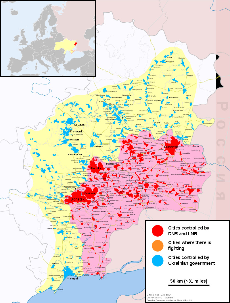 ▲頓巴斯戰爭狀況（2017年 ) ，紅色地區為在烏親俄武裝控制的地區；黃色及藍色地區原先曾被親俄武裝控制，但隨後被烏政府軍重奪的地區；橙色地區為雙方當前交戰的地區。（圖／翻攝自維基百科）
