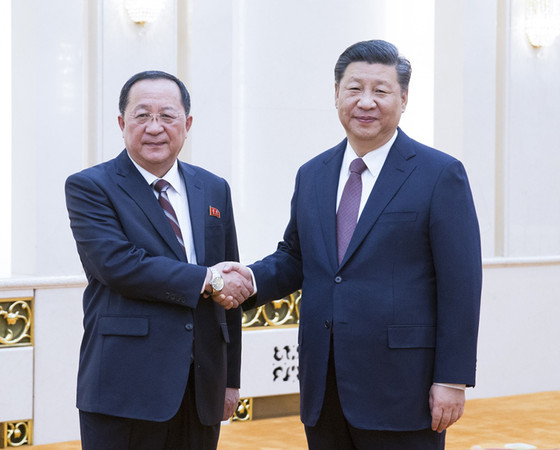 ▲北韓外長李勇浩（左）會大陸國家主席習近平（右）。（圖／新華社）