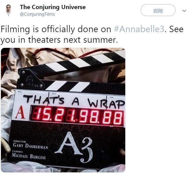 《安娜貝爾3》殺青。（圖／翻攝自The Conjuring Universe推特）