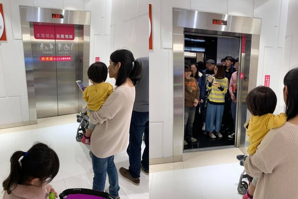 ▲奶爸帶著2個孩子去百貨公司，在友善電梯前等了10多分鐘都客滿。（圖／翻攝自爆怨公社）