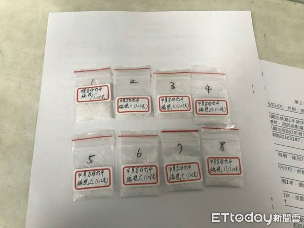 ▲警方查獲小錢包內有分裝後的8小包二級毒品，甲基安非他命。（圖／記者黃孟珍翻攝）