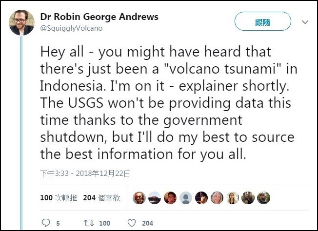 ▲▼ 美國聯邦政府部分停擺，美國地質調查局（USGS）目前不會提供印尼海嘯的數據，讓許多記者和學家很懊惱。（圖／翻攝自推特／@SquigglyVolcano）