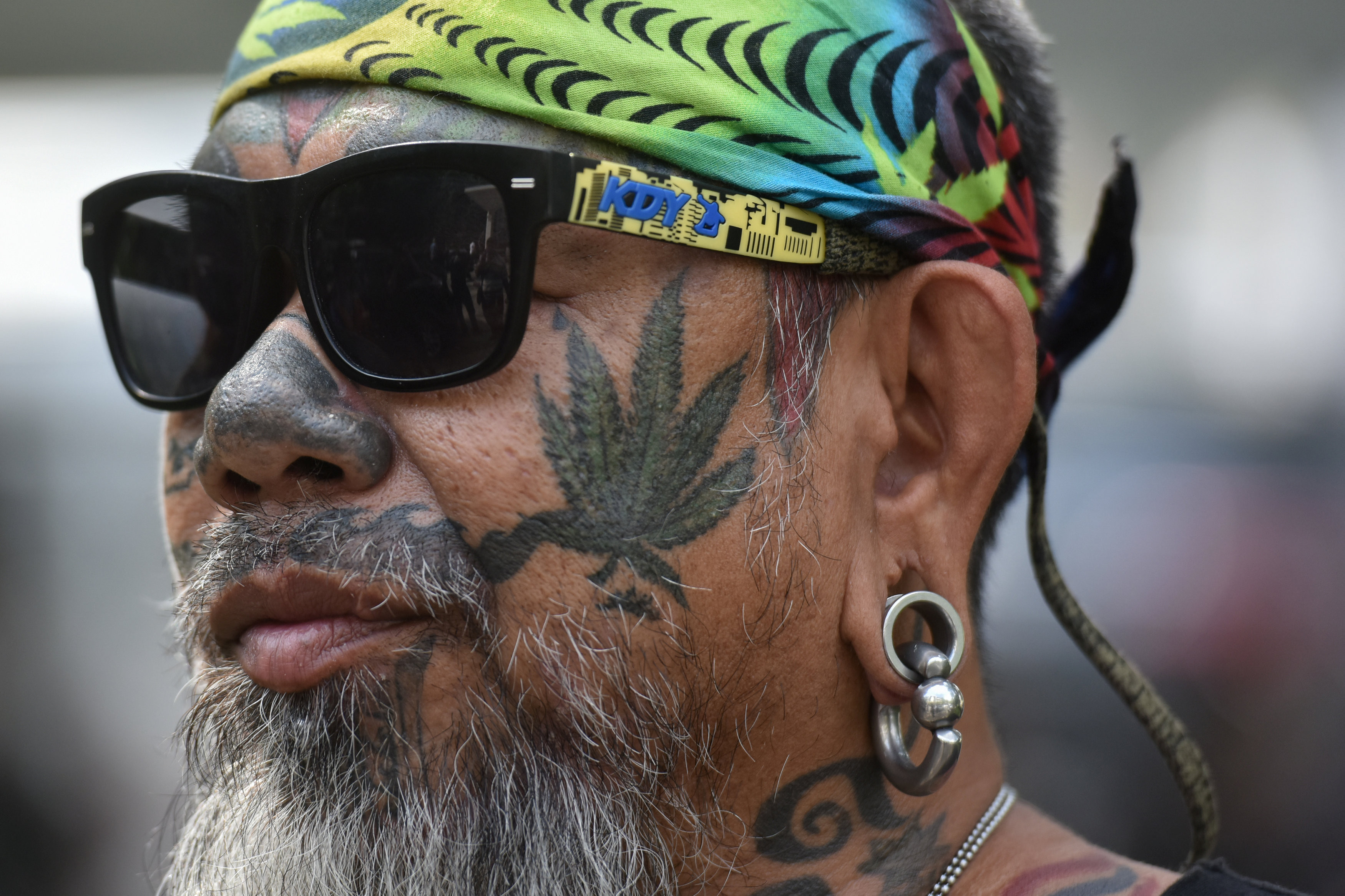 ▲▼一名泰國民眾臉上刺有大麻圖樣，來到曼谷爭取醫用大麻合法化。（圖／路透）