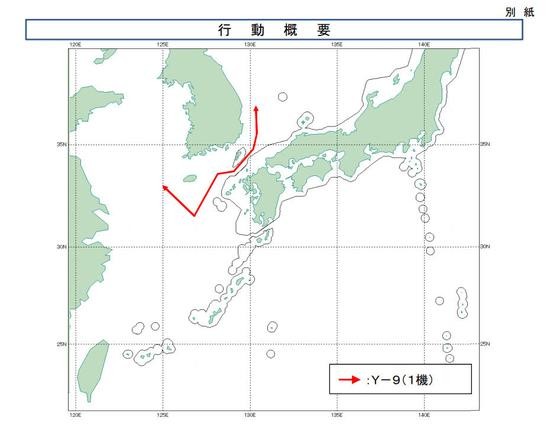 中國一架運-9在東海上空走V字航線，日韓戰機緊急升空應對。（圖／翻攝自日本防衛省統合幕僚監部）