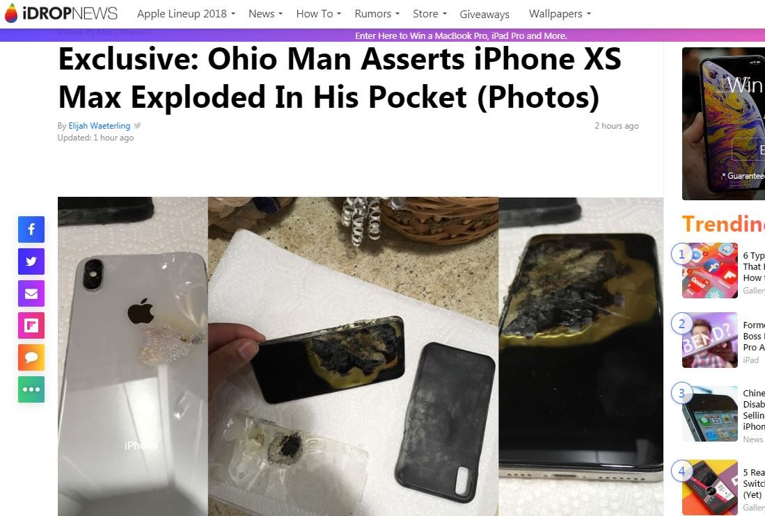 ▲美國俄亥俄州一名男子的iPhone XS Max爆炸。（圖／翻攝自iDrop News網站）