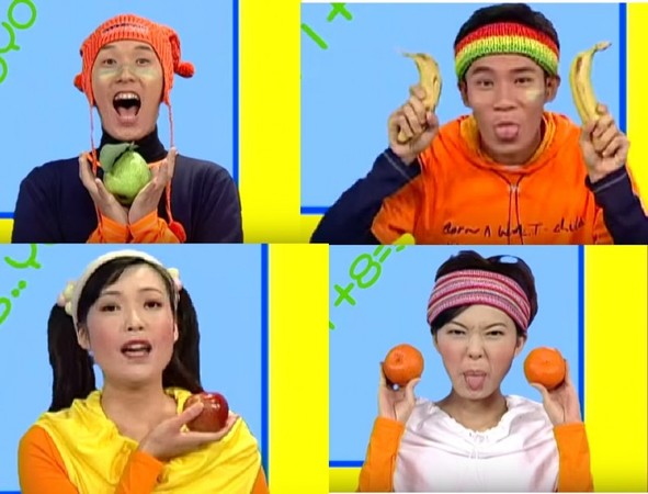 ▲水果家族成員，左起芭樂哥哥、香蕉哥哥、蘋果姊姊、橘子姊姊。（擷取自YouTube）