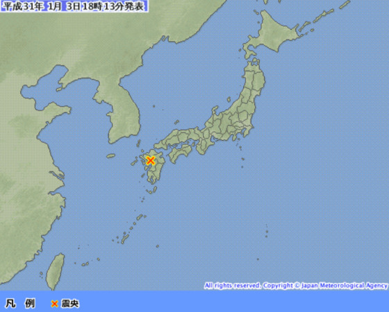 ▲▼   日本地震3日當地晚間6點發生地震。（圖／翻攝自日本氣象廳）
