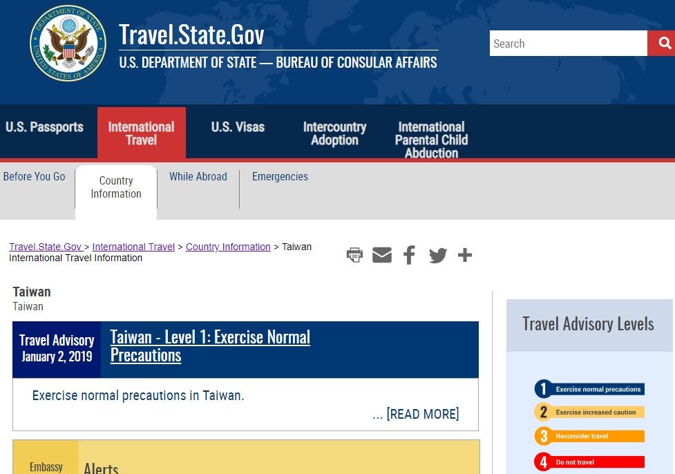  ▲▼ 美國國務院3日更新赴中國大陸的旅行安全提醒，中國大陸仍列為「提高警覺」的第二級，台灣則為第一級。（圖／翻攝自美國國務院官網）