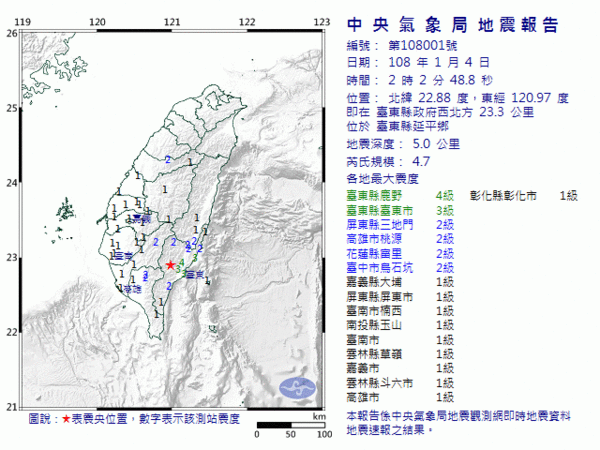 ▲深夜地牛翻身！0202規模4.8淺層地震　南台灣有感（圖／氣象局） 