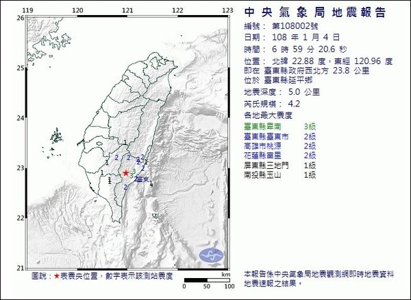 ▲台東6時59分發生規模4.2地震，深度為5公里。（圖／中央氣象局）