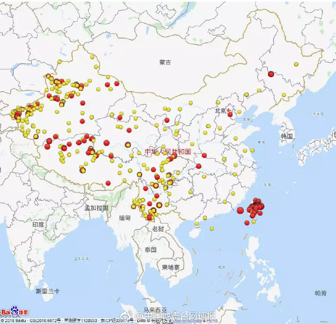 ▲▼2018年全國3級及以上地震分佈圖（四級以上紅色標註）。（圖／翻攝自微博／中國地震台網）