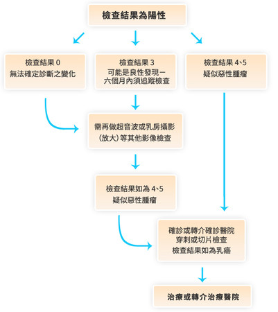 ▲▼乳房X光攝影檢查陽性個案後續確診及治療處置流程。（圖／翻攝衛生福利部官網）