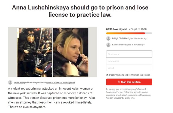 ▲▼白人律師安娜（Anna Lushchinskaya）用雨傘猛戳亞洲女乘客，千人連署要她入獄。（圖／翻攝自Change.org）