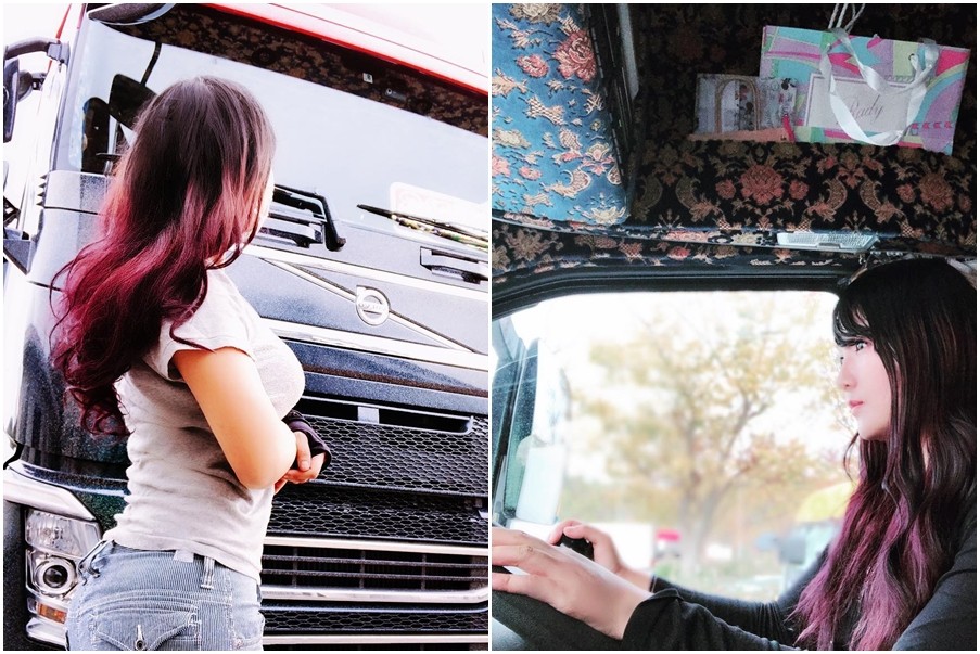 ▲日本一名超性感女司機，駕駛大卡車載貨。（圖／翻攝自Rino推特、Instagram）