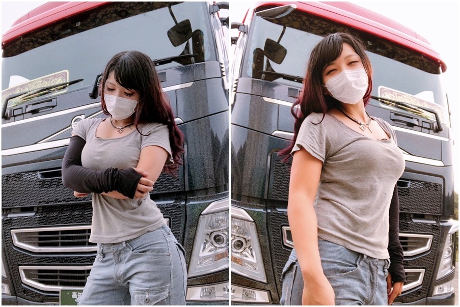 ▲日本一名超性感女司機，駕駛大卡車載貨。（圖／翻攝自Rino推特、Instagram）