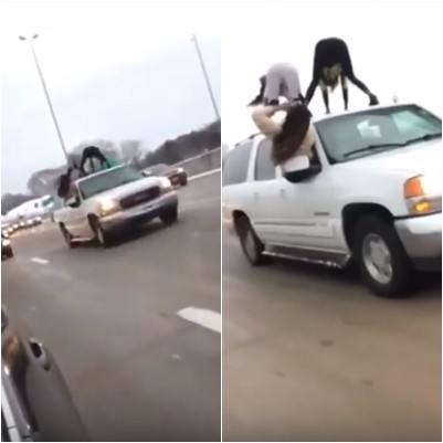 ▲▼ 美國密蘇里州64號州際公路14日，有2名正妹在在車頂上大跳電臀舞。（圖／翻攝Youutube／Video Break）