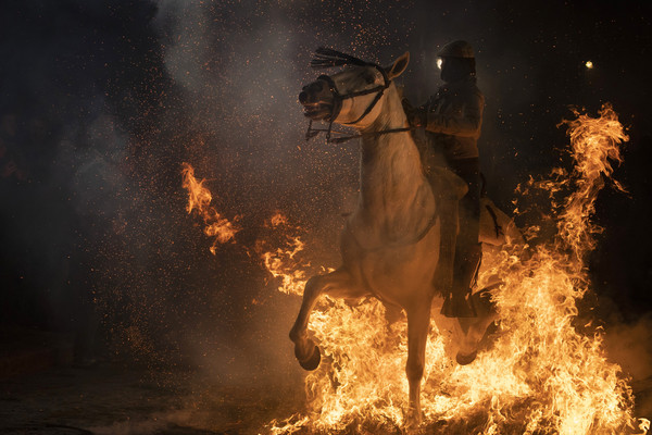 ▲▼西班牙小鎮居民騎馬跨過烈火。（圖／達志影像／美聯社）