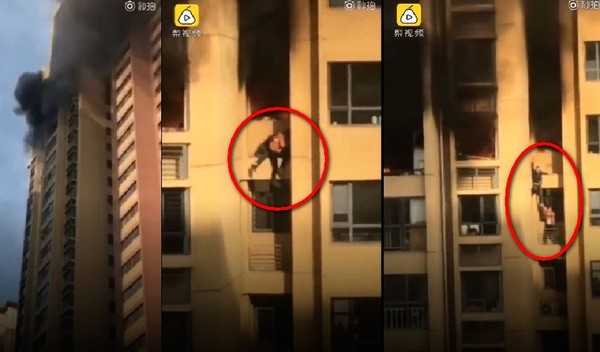 25樓大火男女化身「蜘蛛人」　徒手爬大樓外牆逃命。（圖／翻攝自大陸《梨視頻》網站）