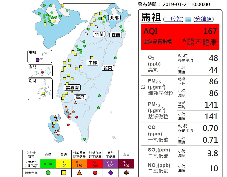 ▲▼馬祖以及金門地區由於降雨情況不明顯，空氣品質為「紅色警示」等級。（圖／翻攝環保署空氣品質監測網）