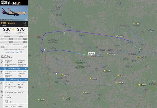 ▲▼俄羅斯航空SU1515號航班遭挾持，大幅改變航道。（圖／翻攝推特／Flightradar24）