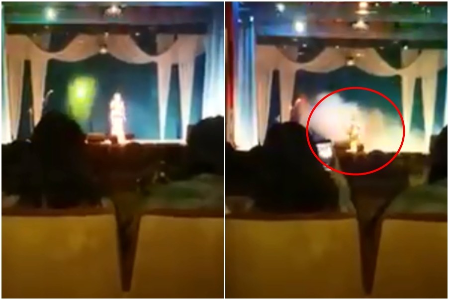 ▲俄羅斯女歌手飆高音時，突然從舞台上倒了下來。（圖／翻攝自YouTube）