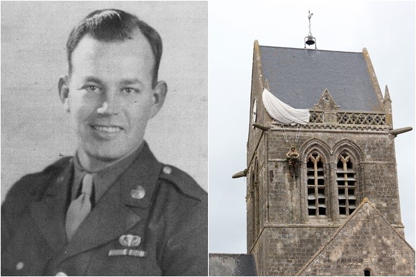 ▲▼美軍82空降師傘兵John Steele，二戰時跳傘卡在教堂頂裝死，事後法國為他建立雕像紀念這段歷史。（組合圖／美軍檔案照／達志影像／美聯社）